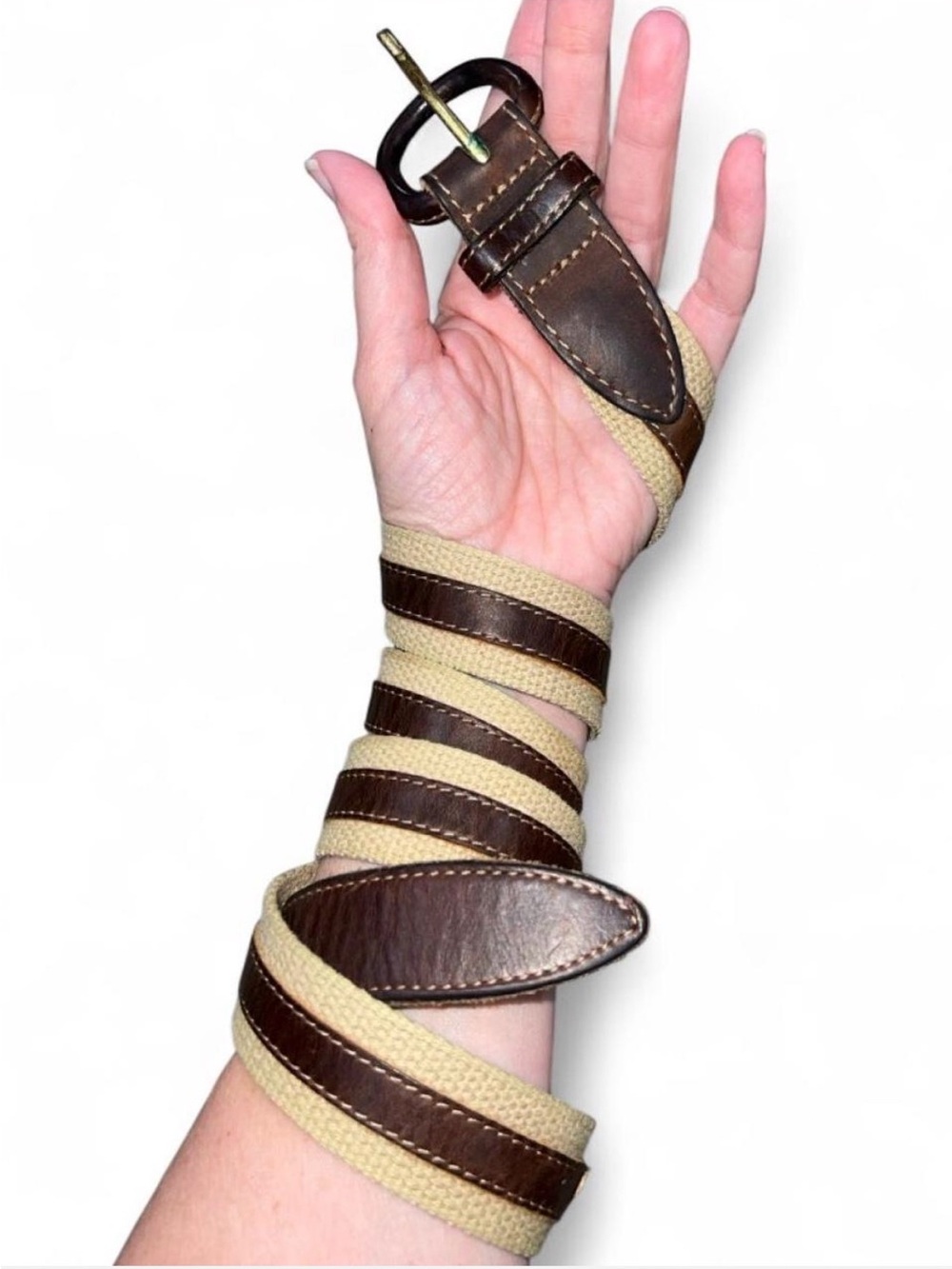 Unisex Canvas and Leather Belt - Brown and Beige